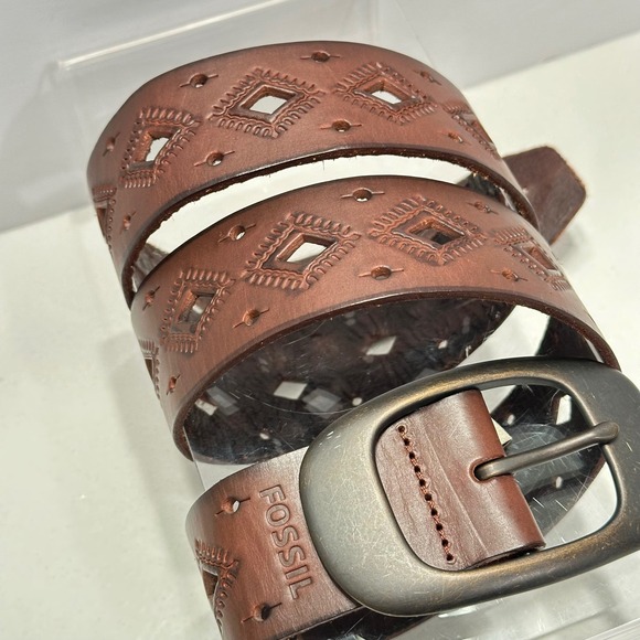 Fossil Brown Leather Belt Geometric Diamond Cutout Western Boho Brass Buckle S‎ main image 9